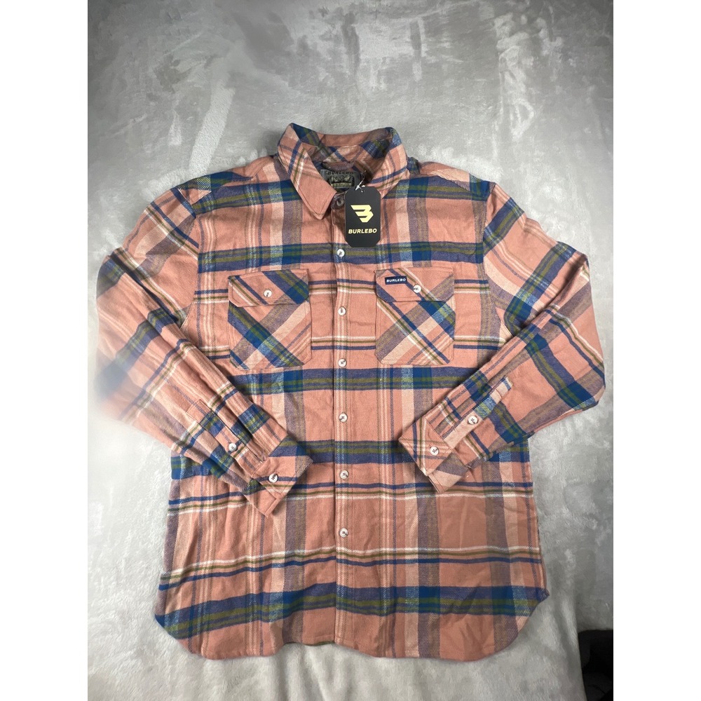 Burlebo Mens Plaid Flannel Button Down Shirt Salmon Pink Blue Green Large NWT